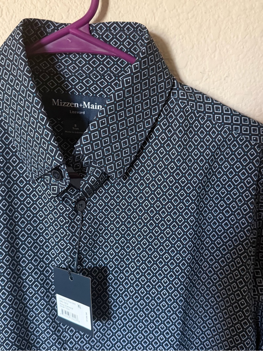 MIZZEN+MAIN Mens Small Trim Leeward Dress Shirt Long Sleeve Navy Diamond $138